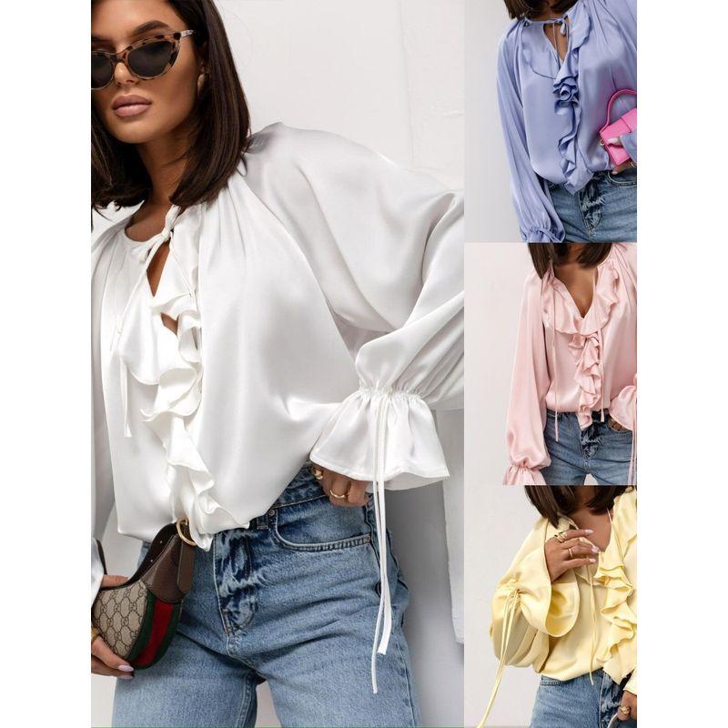 Long Sleeve Shirts Versitile Fashion Frill Flare Sleeve V-neck Lace Up Women Shirts Shirt Women