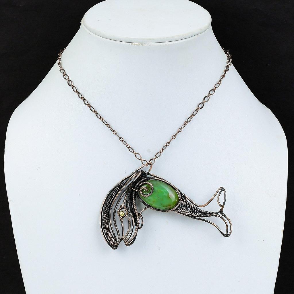 Chrysopras Anhänger Kupferdraht gewickelter Anhänger Handgefertigter Edelsteinschmuck Stilvoller Anhänger Fischanhänger Geschenk für Ihn Kupferdraht gewickelter Schmuck