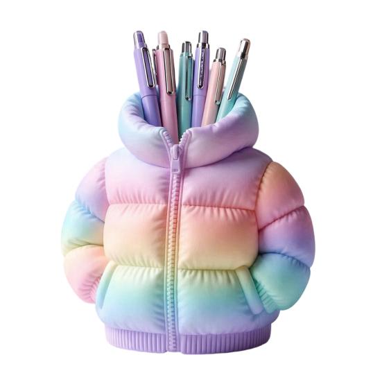 Rainbow Down Coat Pen Holder, 3D Printed Puffer Jacket Desk Organizer, Creative Storage for Stationery And Brushes