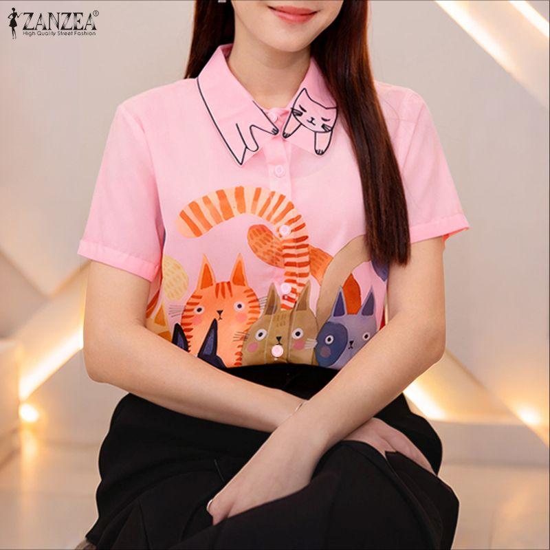 ZANZEA Women Casual Turn Down Collar Short Sleeve Loose Print Blouse
