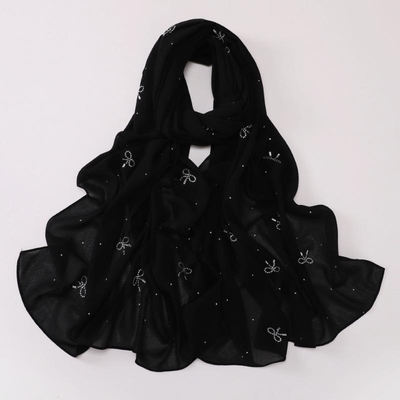 Pearl Chiffon Starry Bow Rhinestone Long Scarf Muslim Women Headscarf