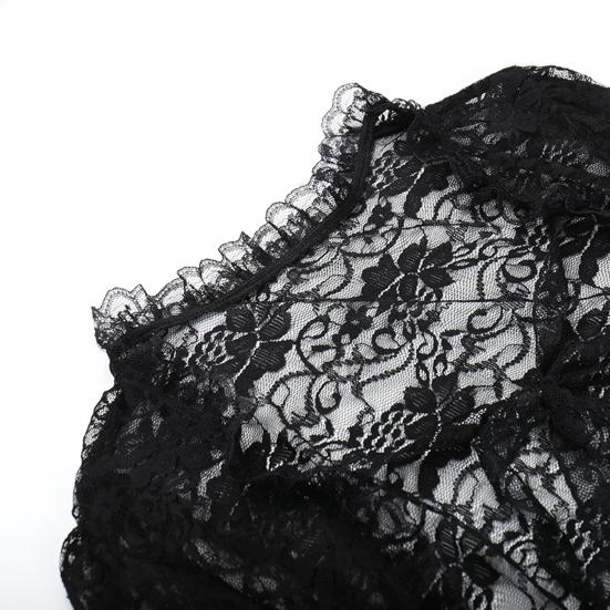 Vintage Gothic Schwarzes Spitzen-T-Shirt, elegantes Smock-Top mit ausgestellten Ärmeln, durchsichtig, sexy, abgeschnittene Tops, Cardigan, Streetwear