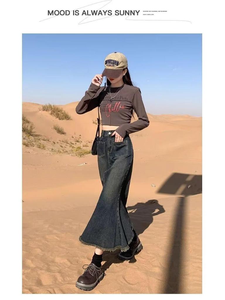 Γυναικεία Μπλούζα Μεγάλου Μεγέθους Α-Γραμμής Ρετρό Τζιν Μίντι Φούστα - Ψηλόμεση, Στενή Γραμμή, Ακατέργαστη Άκρη, Σχέδιο Ουράς Ψαριού για Άνοιξη και Φθινόπωρο