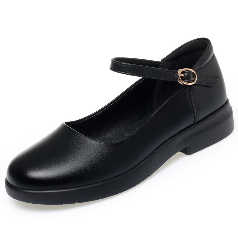 Soft Sole Work Shoes For Women Black Single Shoes One-Liner Flat Buckle Flat Round Toe Work Women's Leather Shoes Mother's Shoes