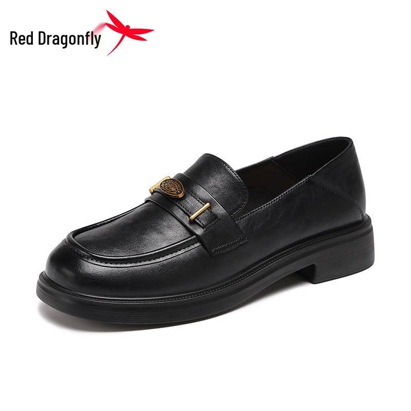 Red Dragonfly Black Genuine Leather Women's Slip-on Loafers - Comfortable British Style Spring/Autumn Shoes with Soft Sole.