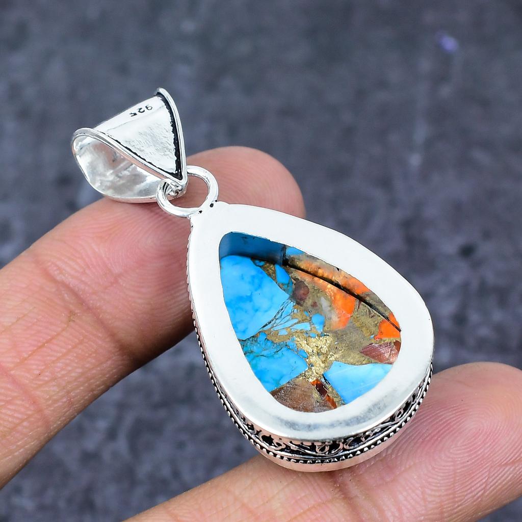 Natural Spiny Oyster Gemstone 925 Sterling Silver Jewelry Pendant 2.01" ET-4793