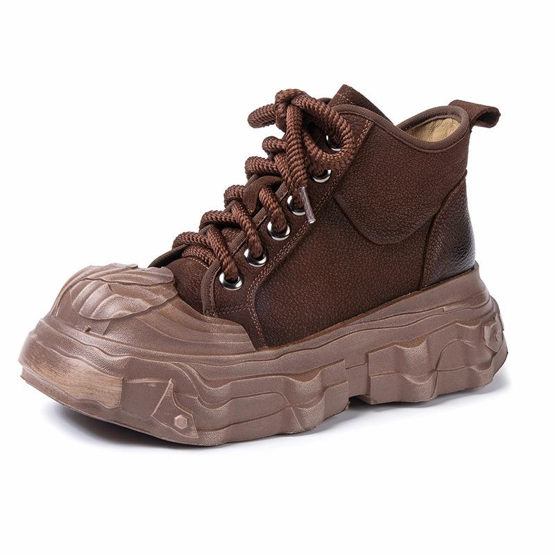 Women's Genuine Leather Thick-Soled Martin Boots - British Style Retro Brown Cowhide Short Boots for Autumn/Winter 2025