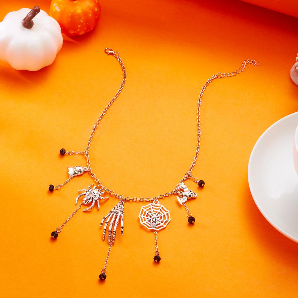 Halloween Pottery Pumpkin Ghost Witch Hat Fringed Alloy Pendant Necklace Skeleton Hand Spider Simple Necklace