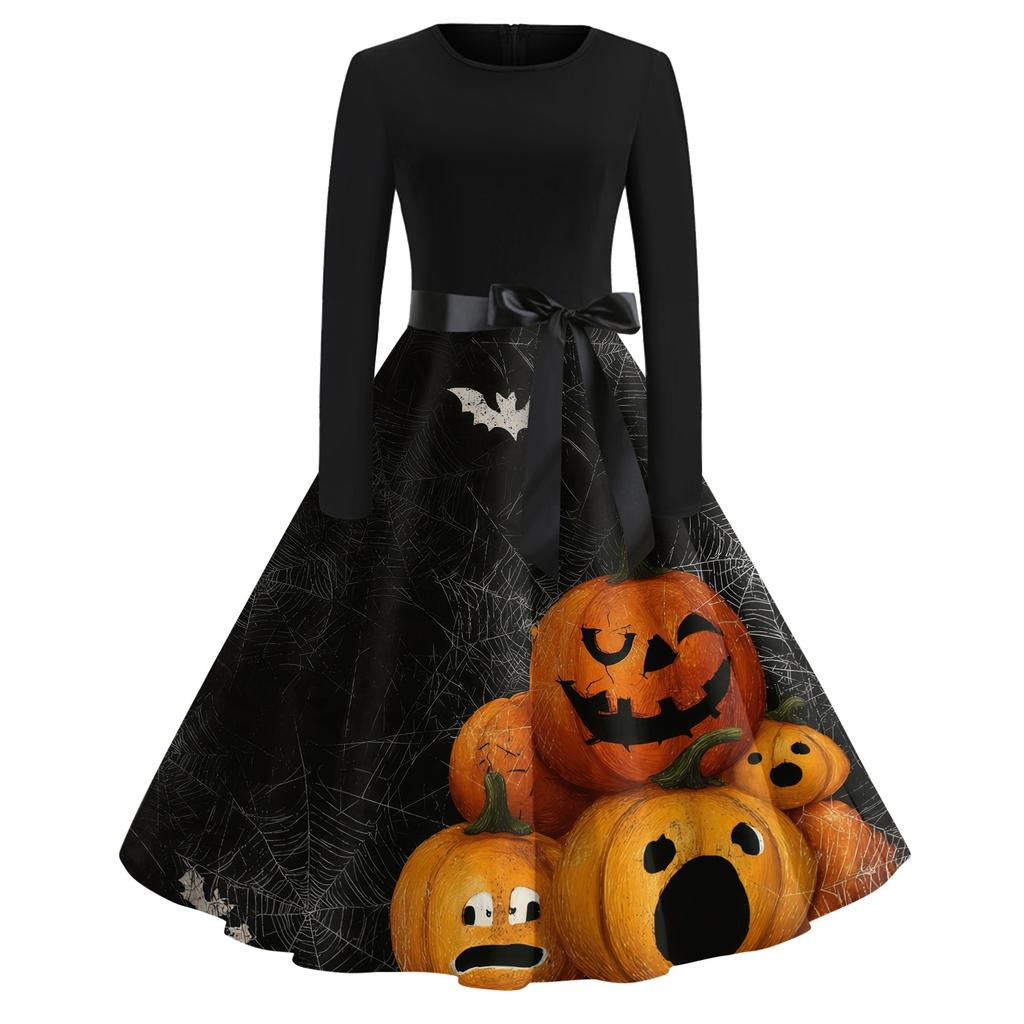Women's Casual Halloween Print Vintage Round Neck Long Sleeve Dress Retro Fit and Flare Style with Waist Tie and Unique Pumpkin Pattern