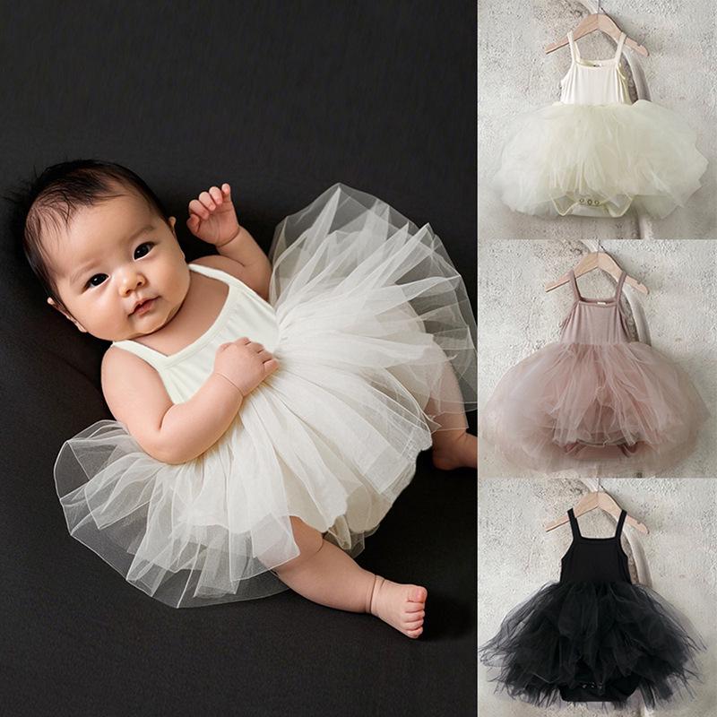 Korean Style Princess Birthday Romper: Solid Color Puffy Skirt with Mesh Straps for Baby Girls and Infants.