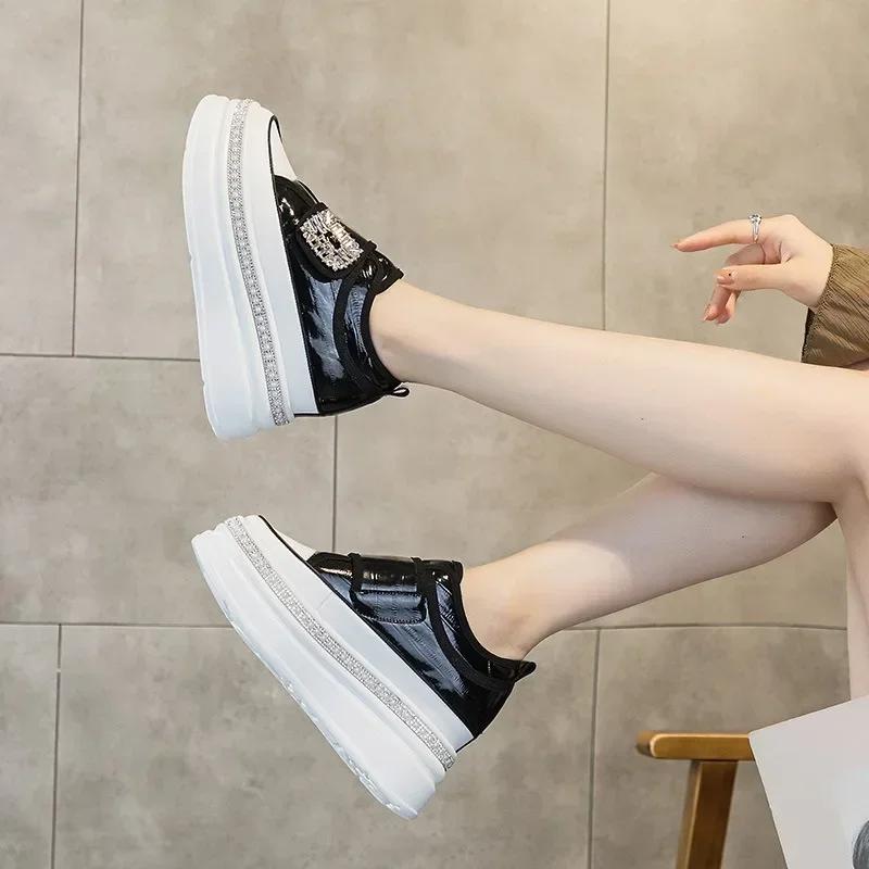 Fashion 8cm Crystal High Top Women Genuine Leather Platform Boots Wedge Hidden Heel Hook Spring Autumn Bling Shoes Sneakers Ankle Boots