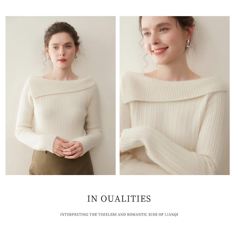 One-Shoulder Solid Color Cashmere Women's Ribbed Knit Sweater - Slimming Lazy Style for Autumn/Winter New Arrivals