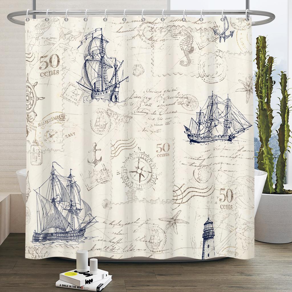 Marine Life  Shower Curtain Turtle Shells Starfish Anchor Ocean Style With Hooks Bathroom Decor Curtain Waterproof Sea Theme