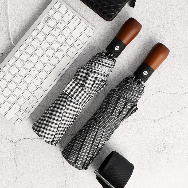 Three-fold automatic umbrella folding umbrella British style male solid wood plaid fabric umbrella