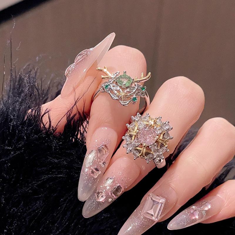 New Antlers Color Treasure Double Gold Light Luxury Premium Sense Opening Ring Pink Love Full Diamond Zircon Personality Ring Female