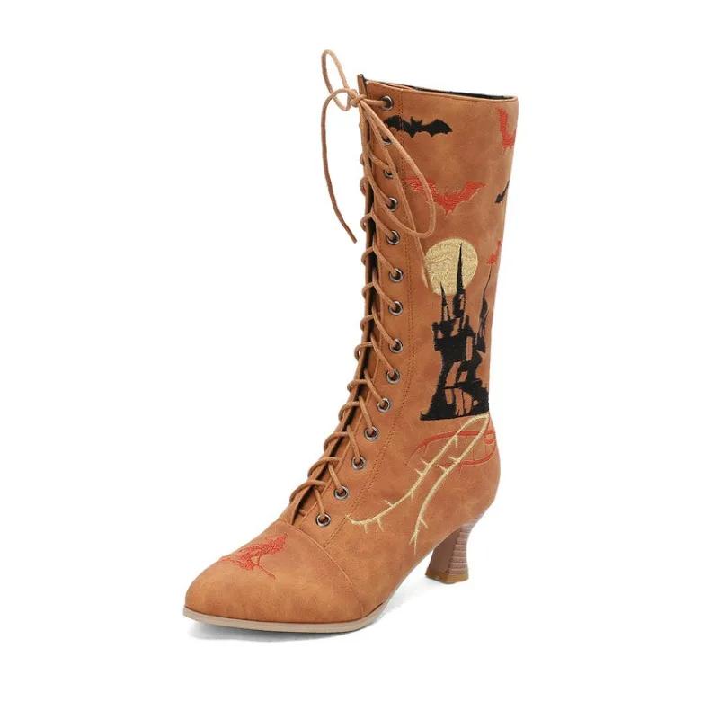 Fashion 2025 New Halloween Cosplay Boots Women Embroidery Witch Shoes Lace-up Kitten Heels Vintage Victorian Boots Party Woman