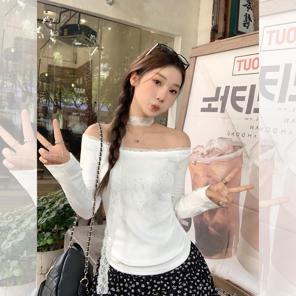 Lace Edge Slanted Shoulder Off-the-shoulder Long-sleeved T-shirt Women's Early Autumn New Pleated Waist and Thin Spice Girl Temperament Top