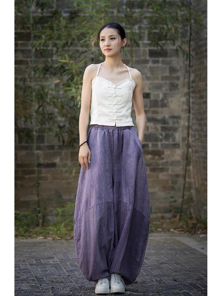 2025 Oryginalne Wysokiej Jakości Spodnie Casualowe Lantern Tie-Dye z Ramiączek - Luźne Szerokie Nogawki, Długie na Wiosnę/Lato