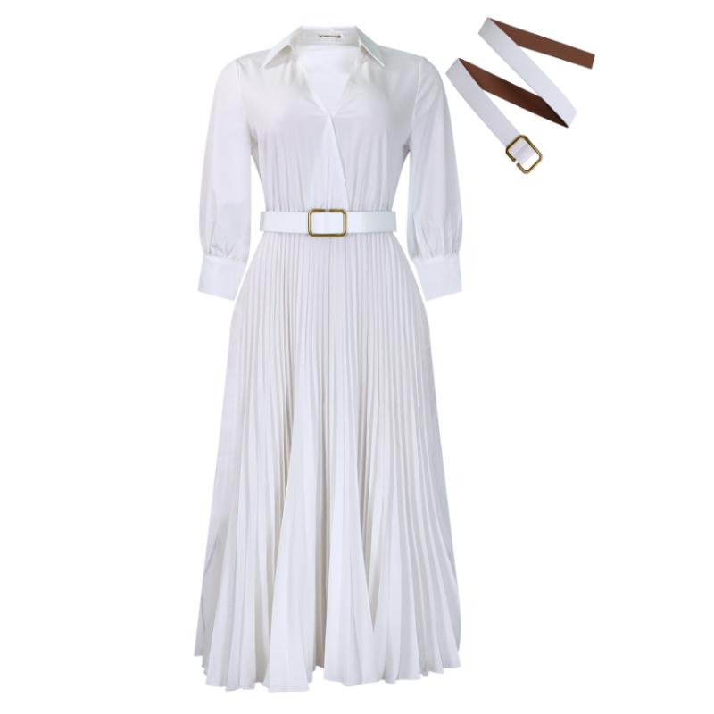 

Белое плиссированное платье с поясом для женщин с рукавом 3/4 и V-образным вырезом, элегантное офисное женское вечернее платье XS белый