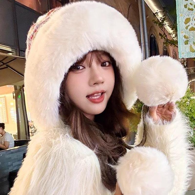 New Autumn And Winter Fluffy Earmuffs Warm Wool Hat For Women With Large Head Circumference Cold-Proof All-Match Knitted Hat