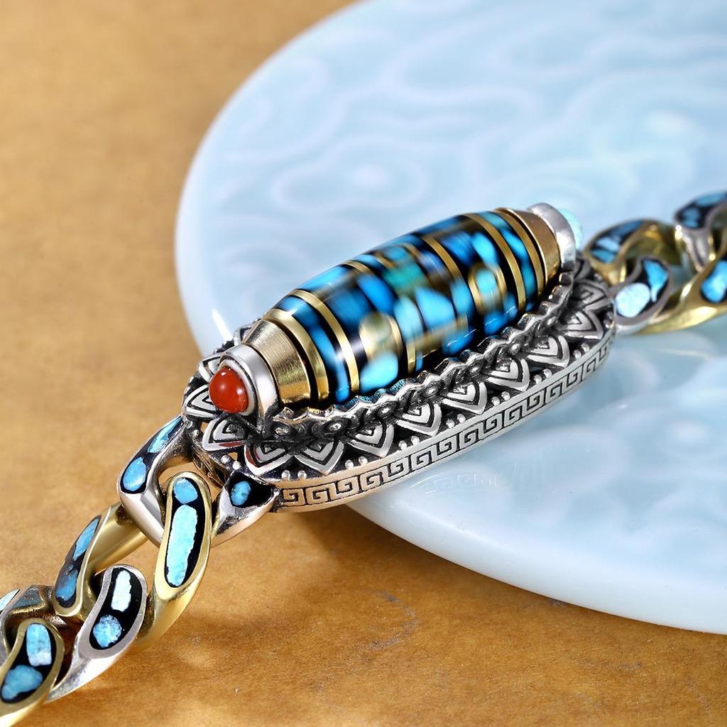 Sterling Silver Turquoise Dzi Bracelet with Six-Character Mantra