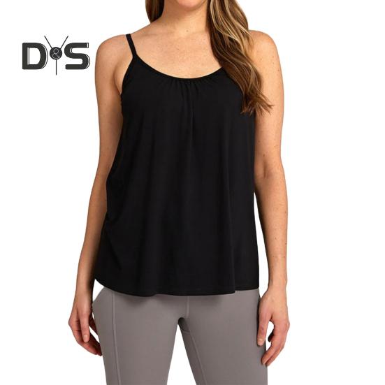 

Топ-майка для женщин, свободный топ-майка со встроенным бюстгальтером с подкладками, летний струящийся плиссированный топ на тонких бретельках для повседневной носки и занятий спортом XL чёрный