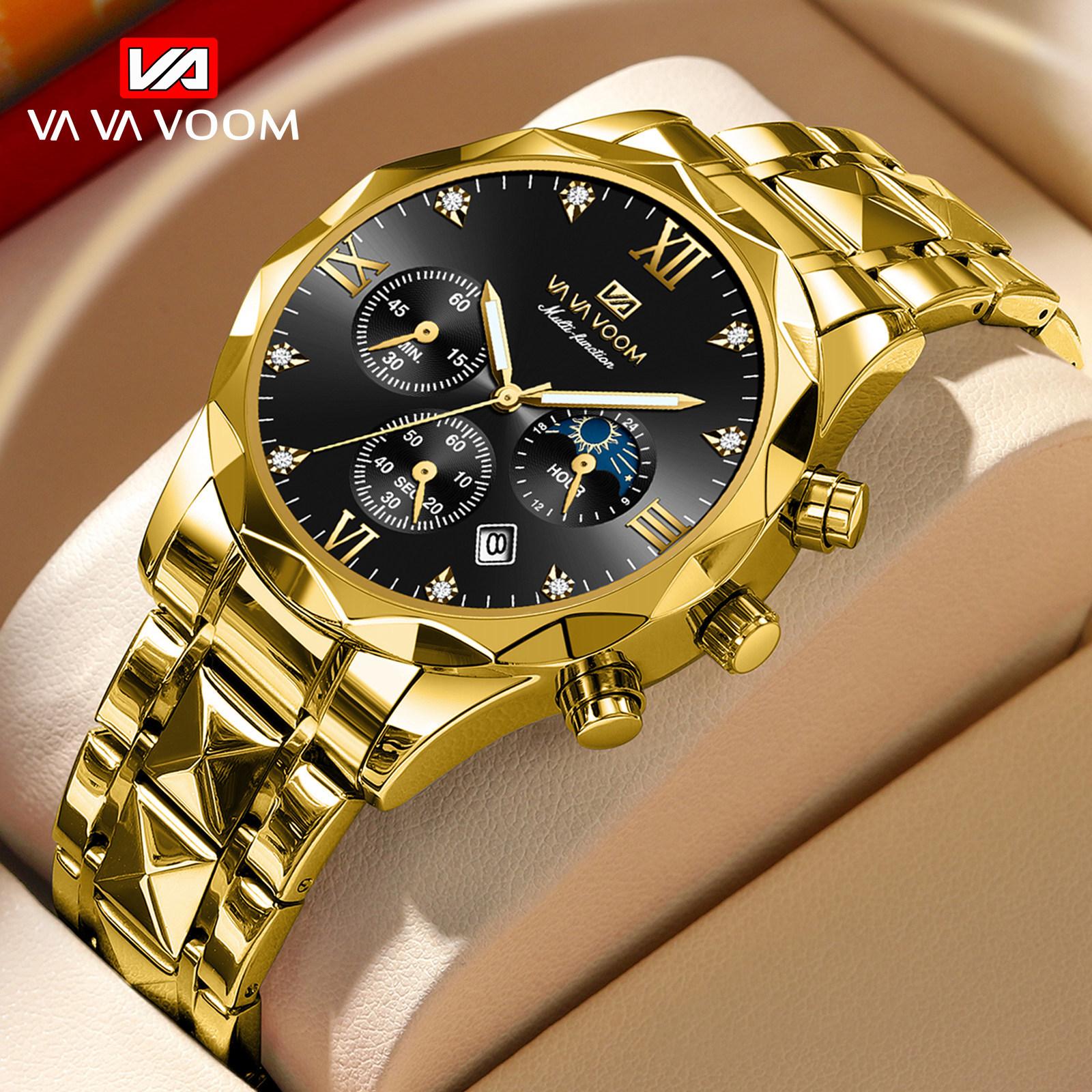 

VA VA VOOM Розкішні чоловічі кварцові годинники Man 30m Waterproof Luminous Date Week з нержавіючої сталі Чоловічі годинники Повсякденні спортивні кварцові годинники Чоловічий годинник + коробка золотистий