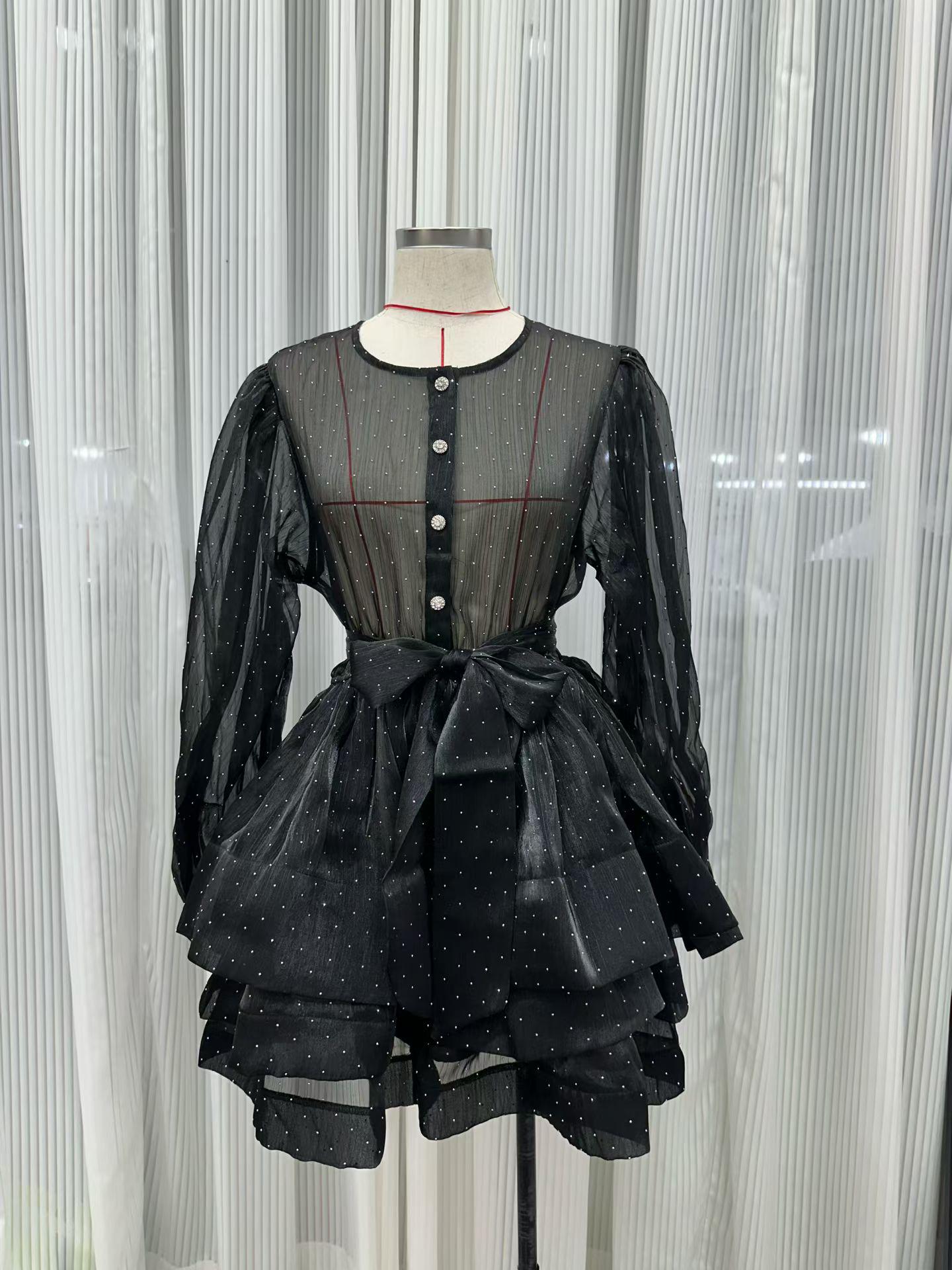 

French Style Solid Color Lace-Up Patchwork Dress with Lantern Sleeves and Ruffled Skirt XXL чёрный