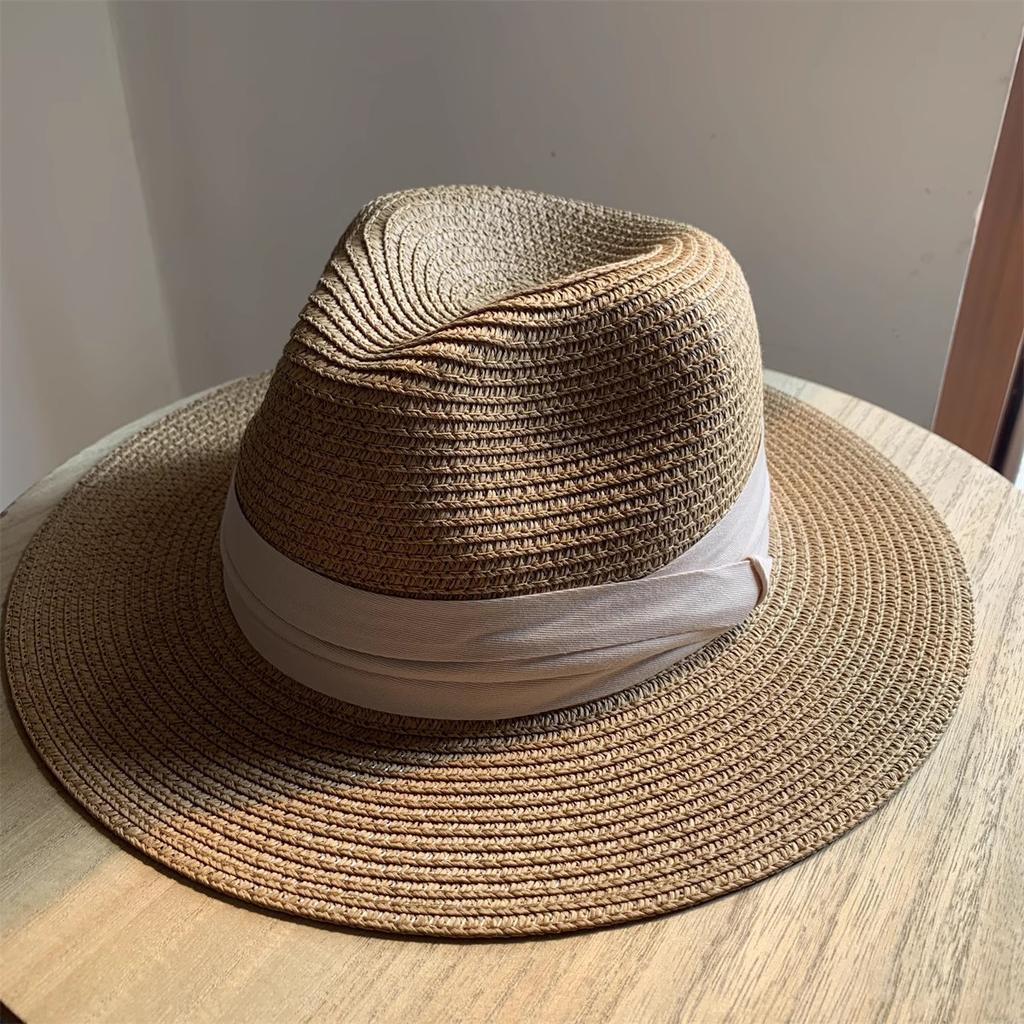 French Retro Light Coffee Straw Hat Women's Summer Sun Protection Holiday Straw Hat British Top Hat Seaside Beach