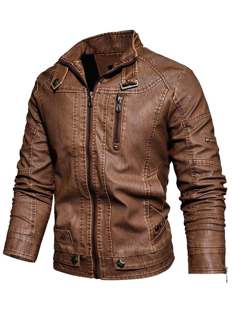 Herren Europäische & Amerikanische Slim Fit PU-Leder Motorradjacke mit Stehkragen und Plüschfutter