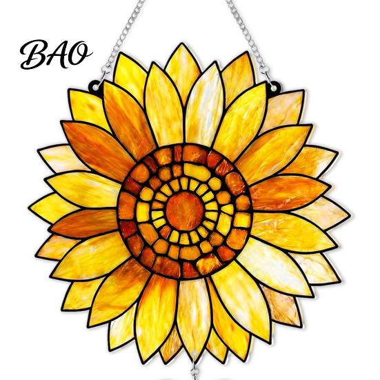Sunflower Suncatcher for Window Stained Glass Style Pendant, Floral Wall Hanging Art with Metal Light Transmitting Piece Chain, Acrylic Ornament Home