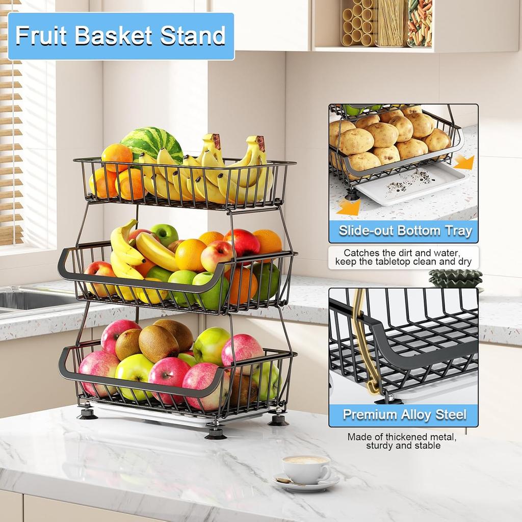 3Tier Rolling Pantry Floor Organizer,Stackable Pantry Storage Cart with Wheels, Metal Wire Pantry Baskets, Kitchen Fruit Basket Stand, Vegetable