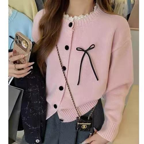 Arctic Velvet Washing Water, Gentle Lace Lace Neckline Bow Knitted Cardigan Women's Autumn and Winter New Sweater Jacket