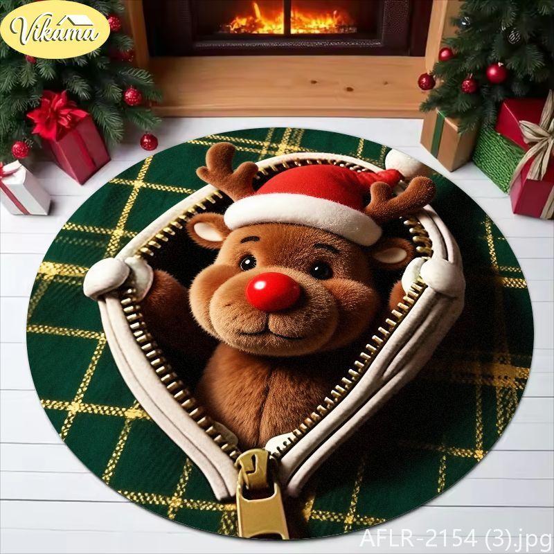 Christmas Round Rug, 3D Zipper Reindeer Pattern Soft Non-Slip Living Room Carpet, Festive Xmas Home Decor, Holiday Gift