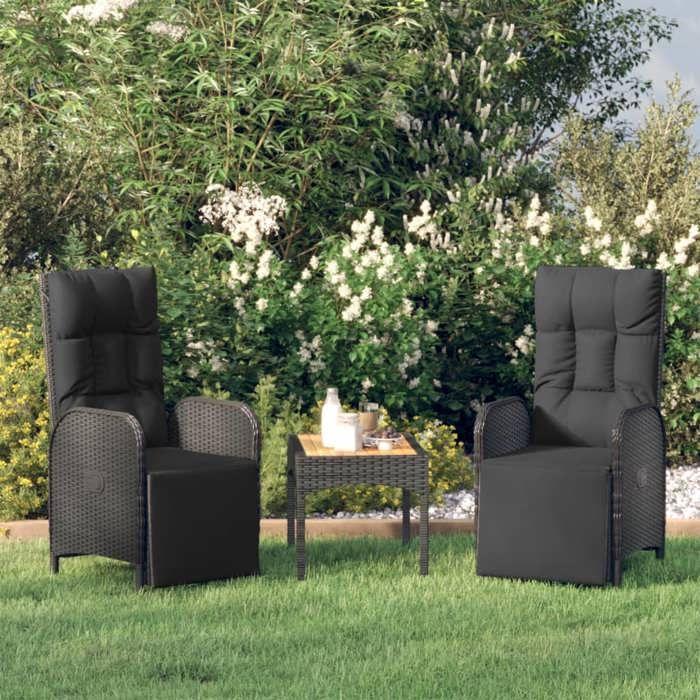 VidaXL Chaises inclinables de jardin 2pcs et table noir résine tressée 319910