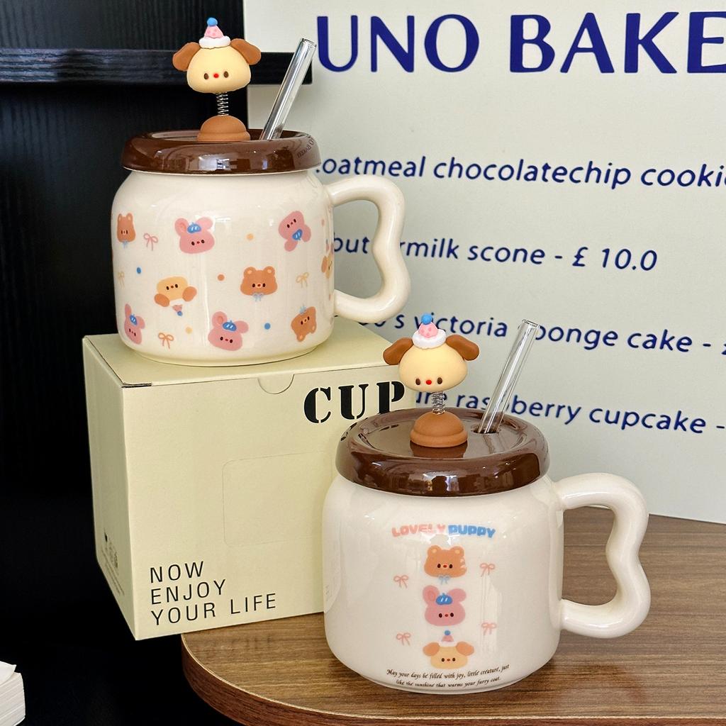 Creative Design Spring Puppy Ceramic Mug with Lid Cute Household Milk Oatmeal Cup Cartoon Cup Souvenir