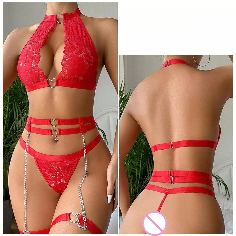 Sexy Lingerie Sets Woman Metal Love Chain With Garter Belt Bodysuit Woman Underwear Porn Lace Sleepwear Set Erotic Costumes