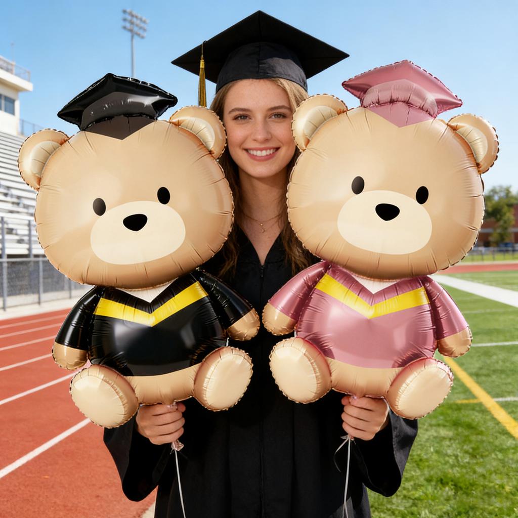 2Pcs/set Graduation Bear Foil Balloons Cute Doctoral Cap Pink Bear Balloons Graduation Ceremony Back-to-School Party Decorations