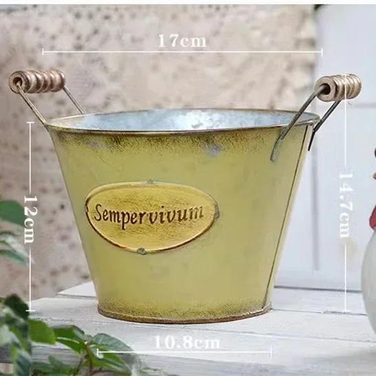 

Iron Sheet Bucket Retro Yellow Flower Pot Ellipse Double Handle Courtyard Vase Home Furnishings Garden Decorate Garden Supplies