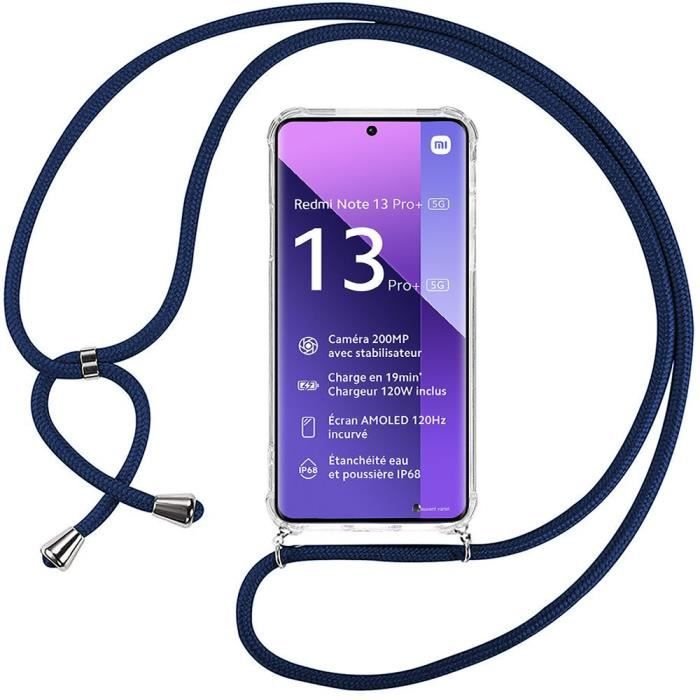 Coque - E.F.CONNECTION - Pour Xiaomi Redmi Note 13 Pro+ 5G - AntiChoc - Transparente - Bandoulière Bleu Marine