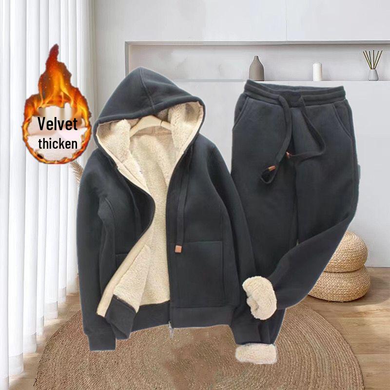 Plus Size Women's Fleece Lined Hooded Jacket & Sportswear Set - Autumn/Winter Korean Style