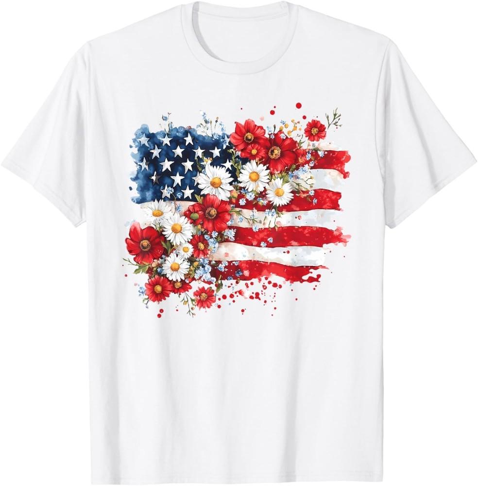 4th of July Floral American Flag Wildflowers Patriotic Women T-Shirt Unisex T-Shirt XXXL