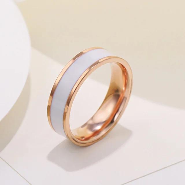 Fashion 6mm Rose Gold Color White Black Enamel Charm Ring for Woman Man Wedding Jewelry Gift 316L Stainless Steel Never Fade