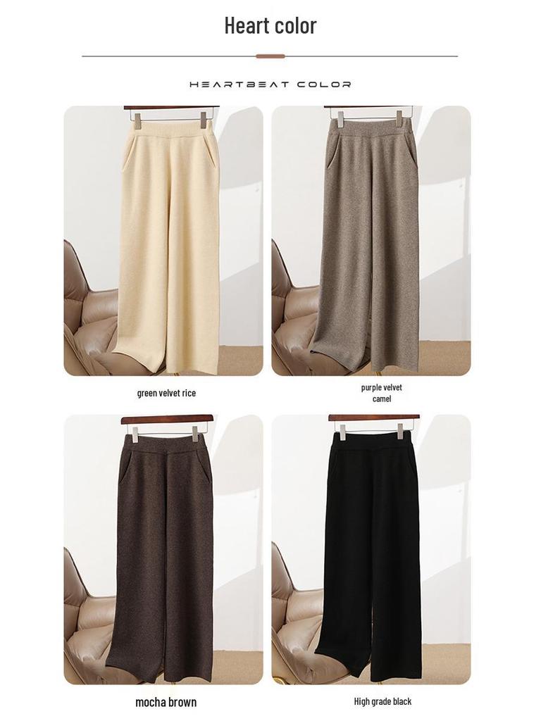 Dámské vlněné pletené kalhoty se širokými nohavicemi - Zeštíhlující, Středový šev, Zesílené, Ležérní, Délka až na zem pro podzim a zimu