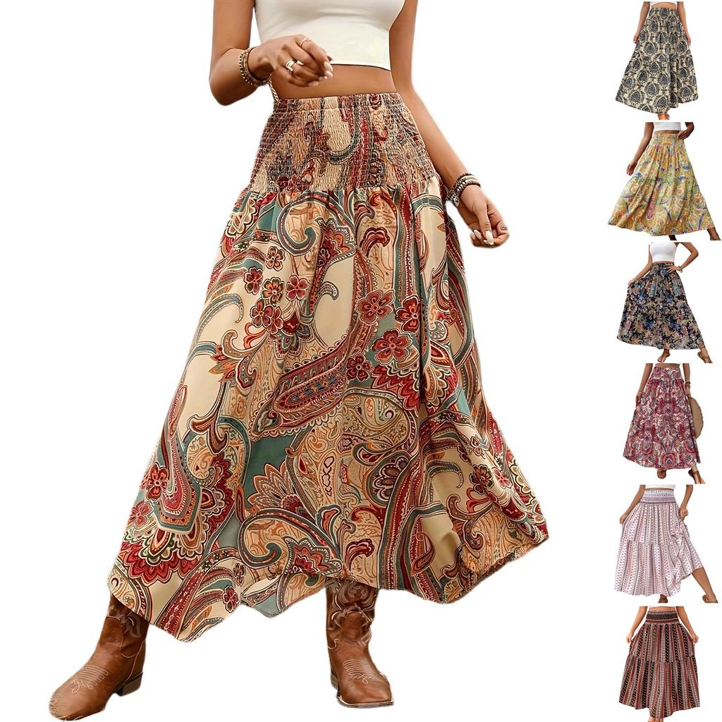 Women's Smocked Floral Maxi Skirts Summer Tube Dresses  Long A Line Pleated Beach Skirt
