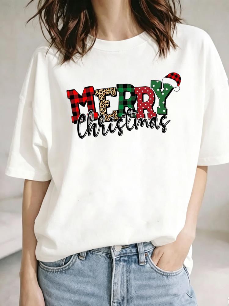 (Asian Size) lovely letter Christmas Festival Tee Top New Year Clothing T Shirt Women Fashion Print Female Woman Short Sleeve Graphic T-shirts