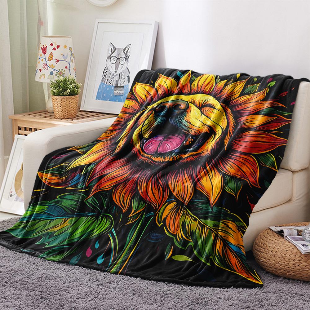 Sunflower Dog Print Flannel Blanket, High quality Comfortable for All Seasons, Home Decor, Warmth and Comfort, Perfect for Christmas Gifts