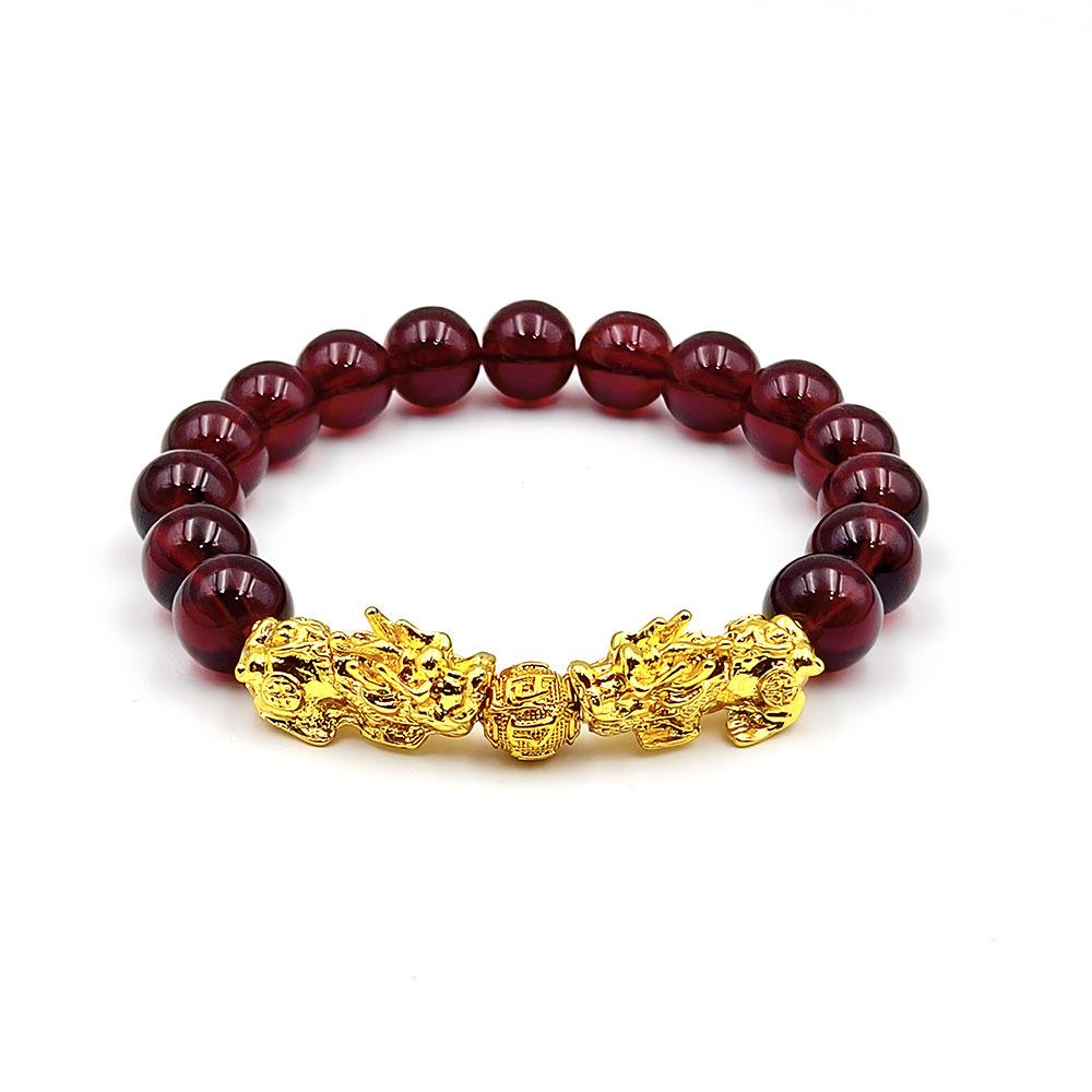 Gold-Plated Retro Pixiu Bracelet with 10mm Red Pomegranate Beads - Wealth Attraction Elastic Design