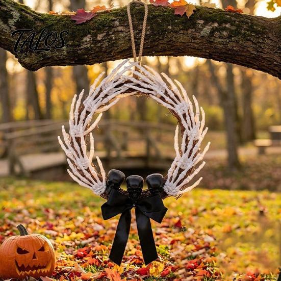 Bone Rattan Decoration Halloween Skeleton Hand Wreath for Front Door, Gothic Spooky Hanging Garland Scary Door Decor with Black Bow And Skulls