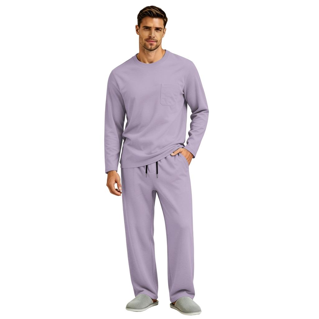 Men's Long Sleeve Pajama Set with Button Fly and Elastic Drawstring Waist for Sleep and